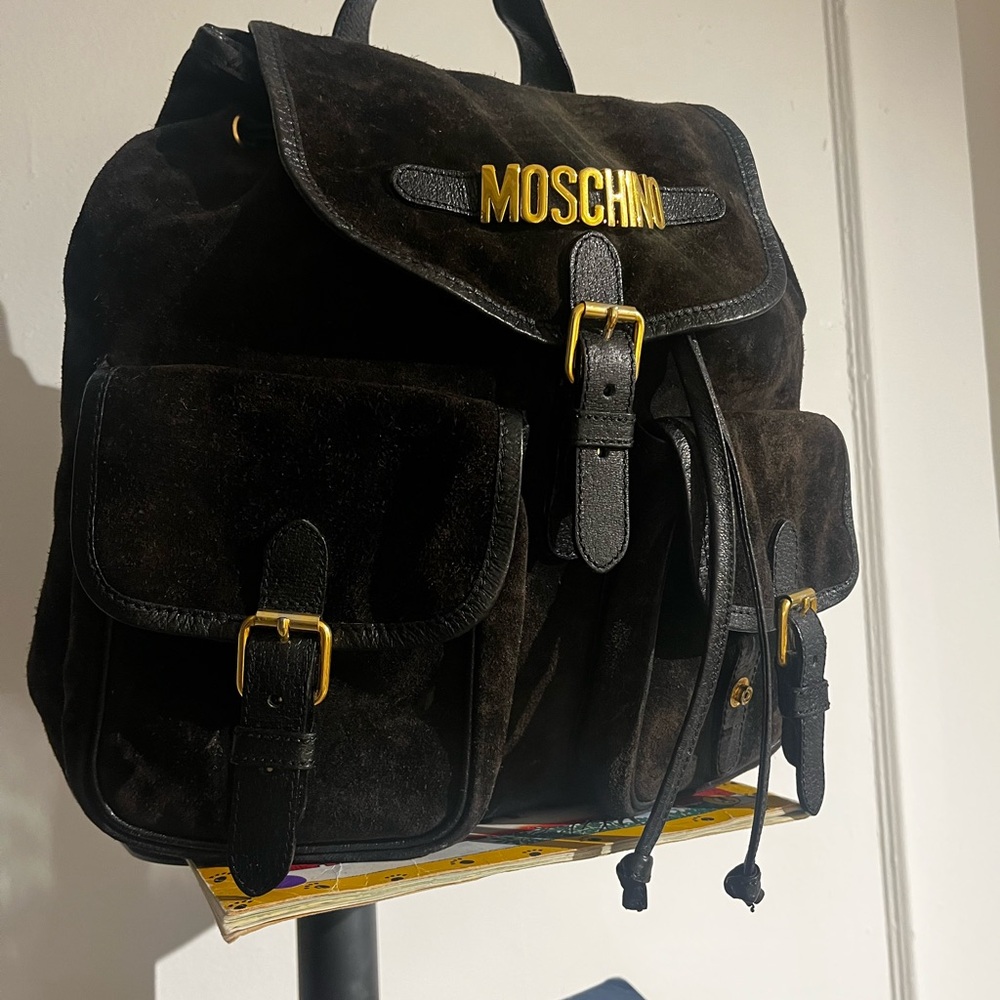 Moschino Brown Suede Backpack with Gold Details
